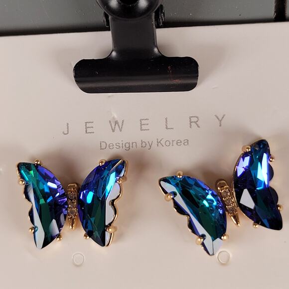 Blue Green Crystal Butterfly Stud Earrings Set of Korea Design, Gift Bag - Picture 2 of 14